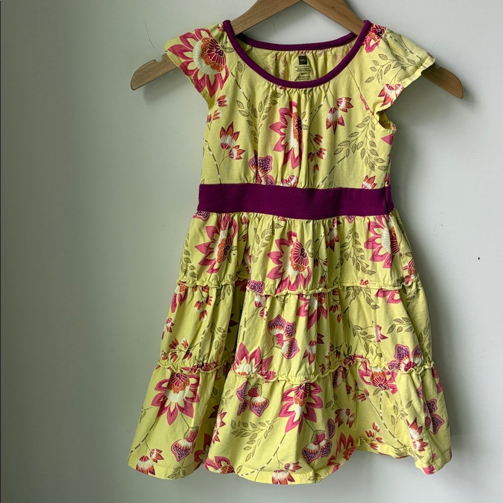 Tea Collection Girls Floral Twirl Dress in Yellow Magenta Pull On Tiered Size 5